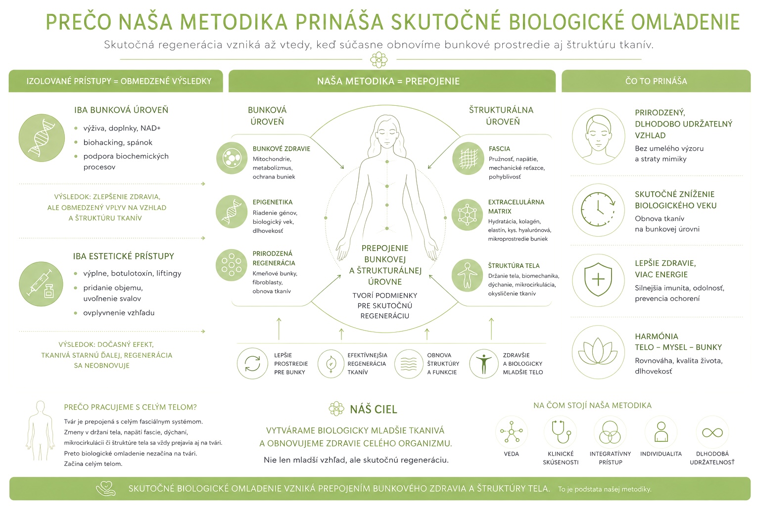 Infografika metodiky biologického omladenia zobrazujúca prepojenie bunkového zdravia, epigenetiky, prirodzenej regenerácie, fascie, extracelulárnej matrix a štruktúry tela pre podporu regenerácie, zníženie biologického veku a prirodzené omladenie organizmu.