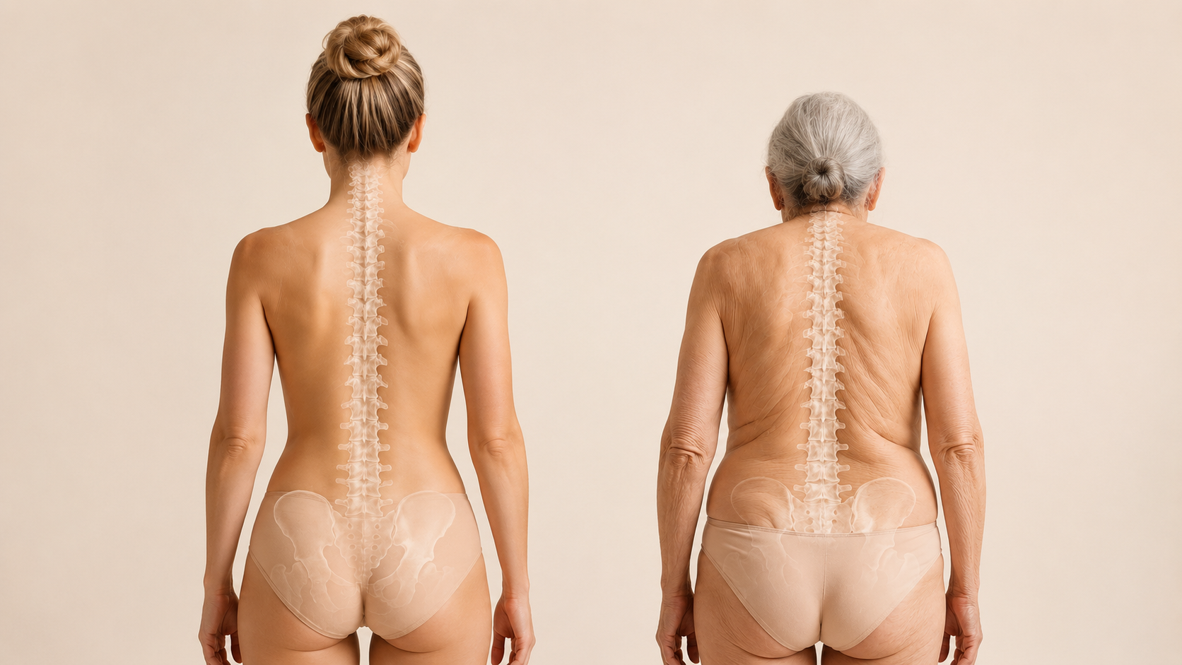 Porovnanie biomechaniky mladého a staršieho človeka zo zadného pohľadu so zmenami chrbtice, ramien, panvy a fasciálneho systému pri biologickom starnutí.